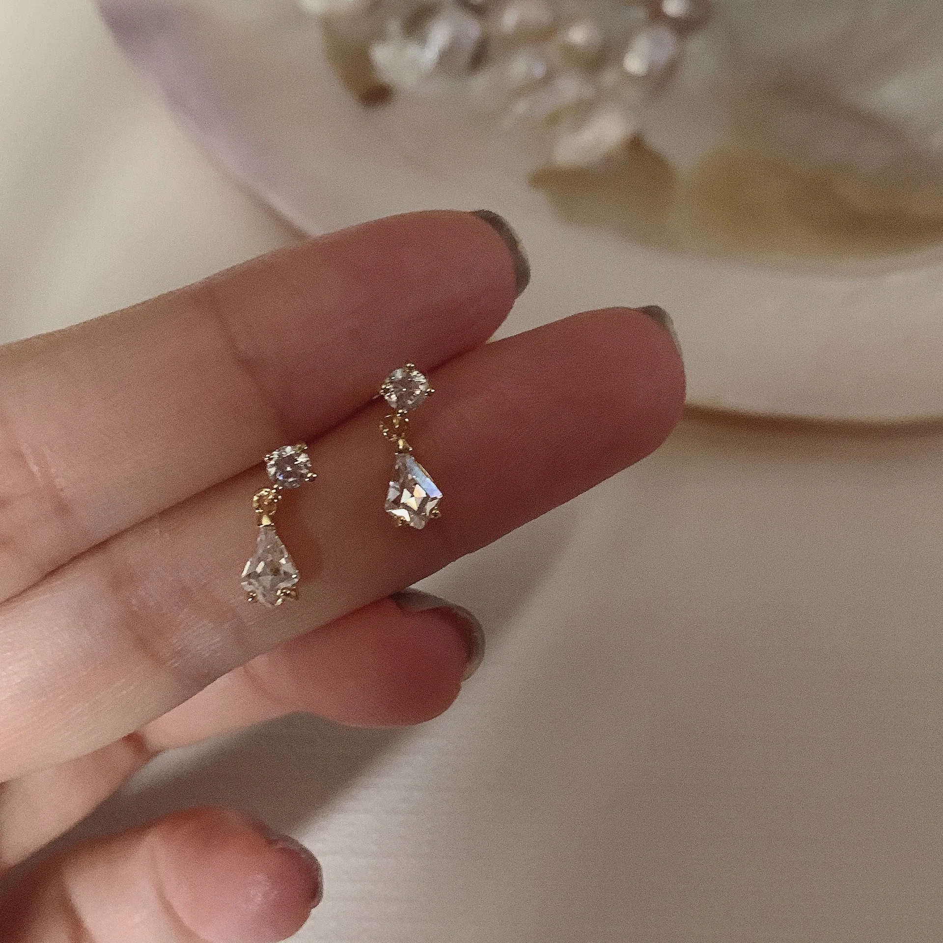 

18K Gold Plated Double Zirconia Small Stud Earring Waterdrop Geometric Earrings for Women Minimalist 925 Sterling Silver Jewelry, Gold/silver