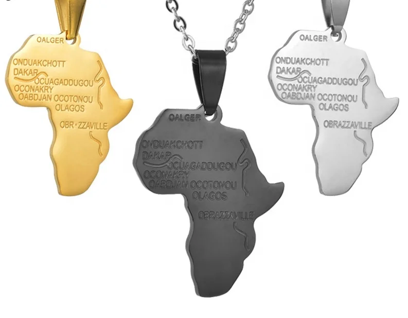 

2021 New Hip Hop 316L Stainless Steel Gold Link Chain Africa African Map Unique Pendant Dangling Charm Long Titanium Jewelry