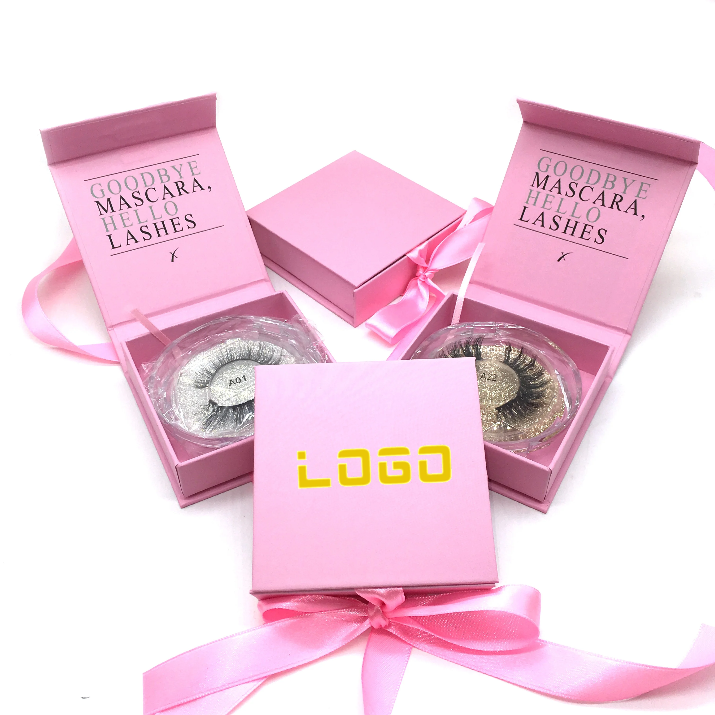

3d eyelashes empty square pink personalized custom lash boxes with ribbon