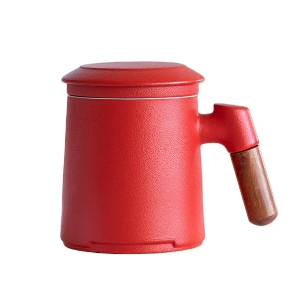 

wholesale custom logo promotional reusable coffee ceramic mug cup with wooden handle and infuser