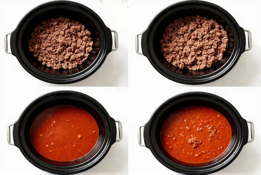 Step-by-step crockpot chili preparation showing browning ground beef in skillet before transferring to slow cooker