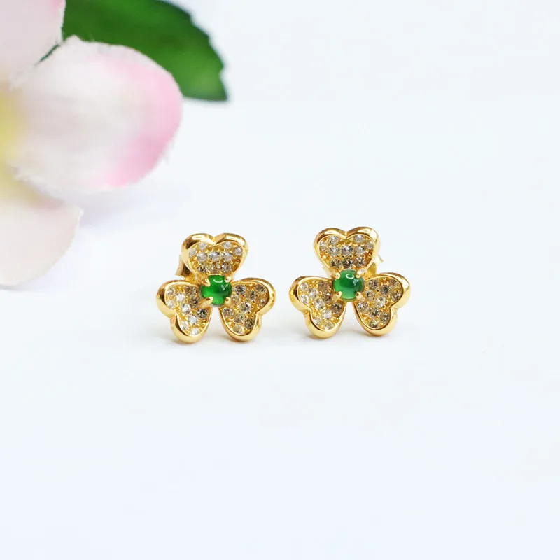 

S925 Silver Inlay Natural Emerald Stud Earrings A Goods Clover Ear Hook Factory Wholesale Delivery FC2072708
