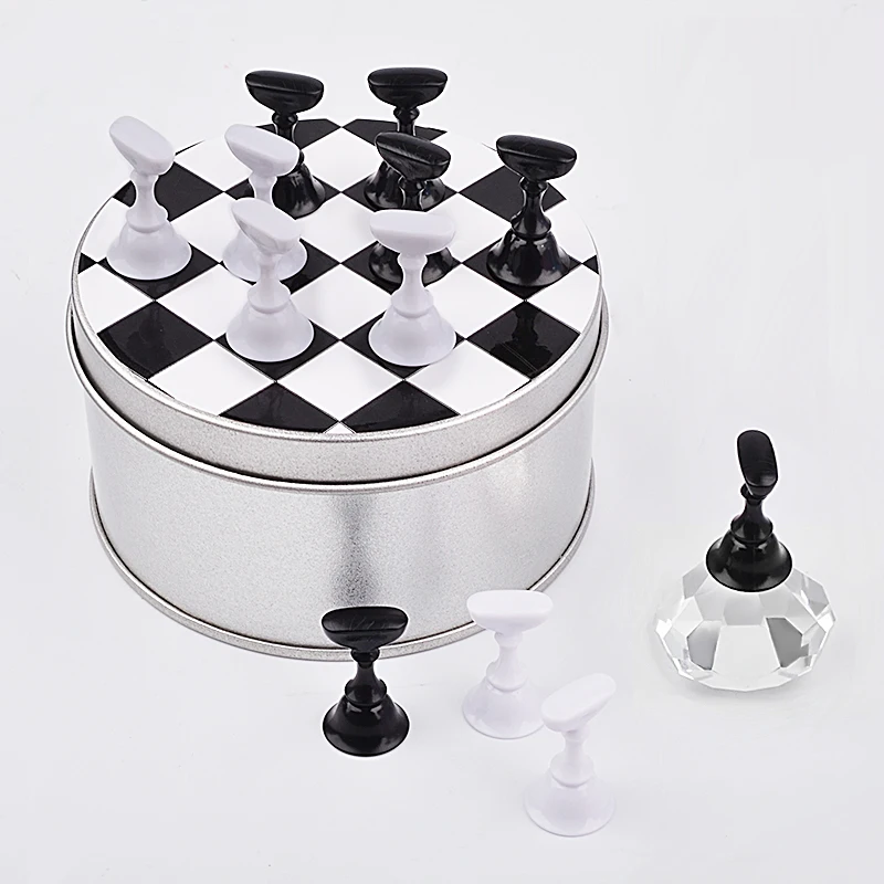 

1Set Checkerboard Design Magnetic Nail Art Display Crystal Base Nail Holder with 12 Practice Training Display Tips Nail Tools, Black/white