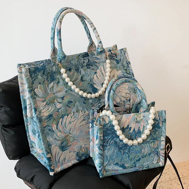 

2021 Handbag Canvas Tote Bag Ladies Pearl Single Shoulder Purse And Handbags For Women