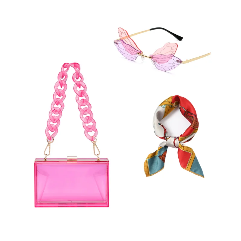 

New combination clear acrylic box women handbags ladies chain shoulder crossbody bags silk scarf sunglasses and purses, 6colors