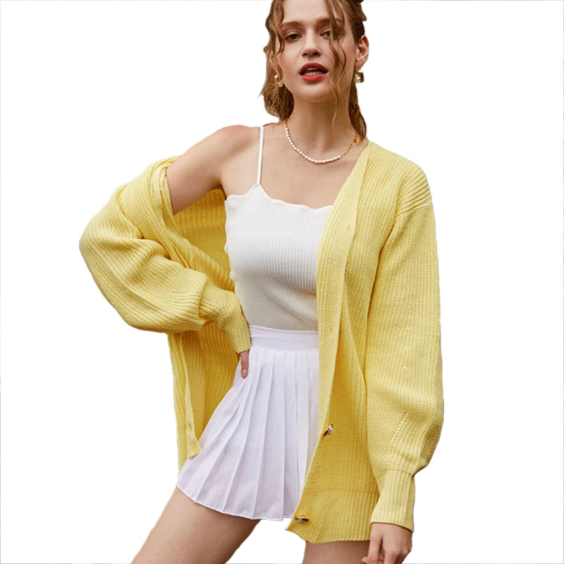 

Wholesale Cheap Solid Women Loose Knitwear Girl Knitted Spring Lantern Sleeve Ladies Sexy Cardigan Sweater, Customized color