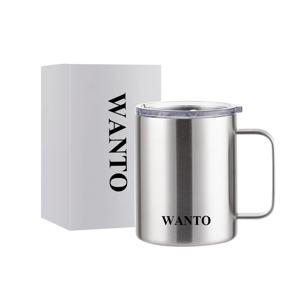 

Wanto 12oz Wholesale Outdoors 18/8 SU Stainless Travel Coffee Vacuum Insulated Mug Tumblers With Handle And Lid, Customized