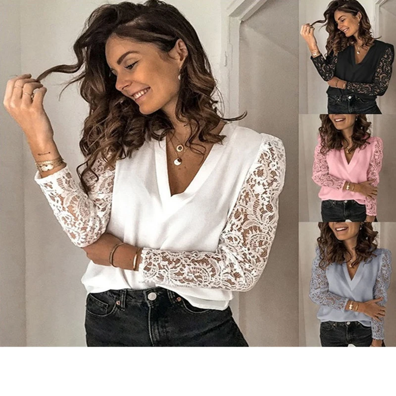 

2021 latest design spring summer long sleeve women shirts solid color ladies' blouses v neck women top