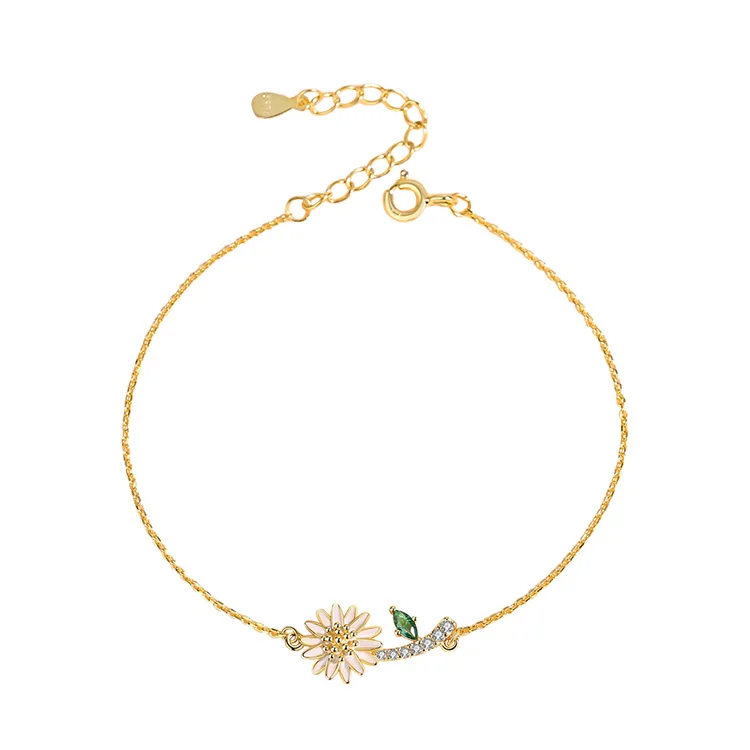 

New design 925 sterling silver 14K gold plated thin chain CZ stone flower with green enamel leaf charm bracelets for ladies