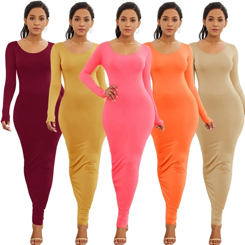 fashion women solid color long sleeve dress crew neck tight O-neck casual dresses