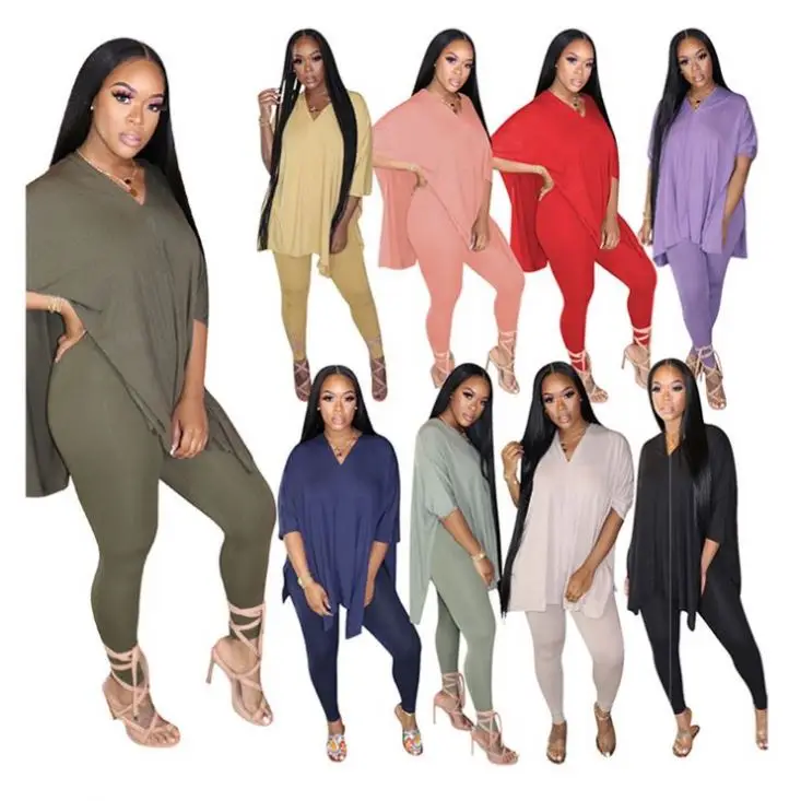 

OSINA New Arrival Solid Color V Neck Two Piece Set 2021 Women Loose Top Two Piece Pants Set Outfits