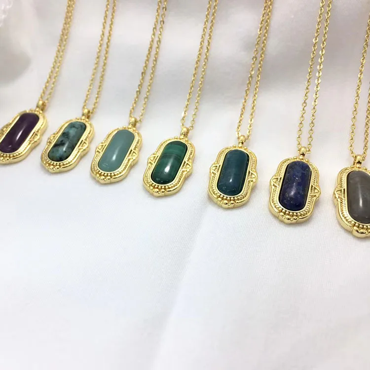 

NN1121 Fashion Chic Gold plated Bezel Natural Gemstone Semi-Precious Stone Bar column pendant necklace