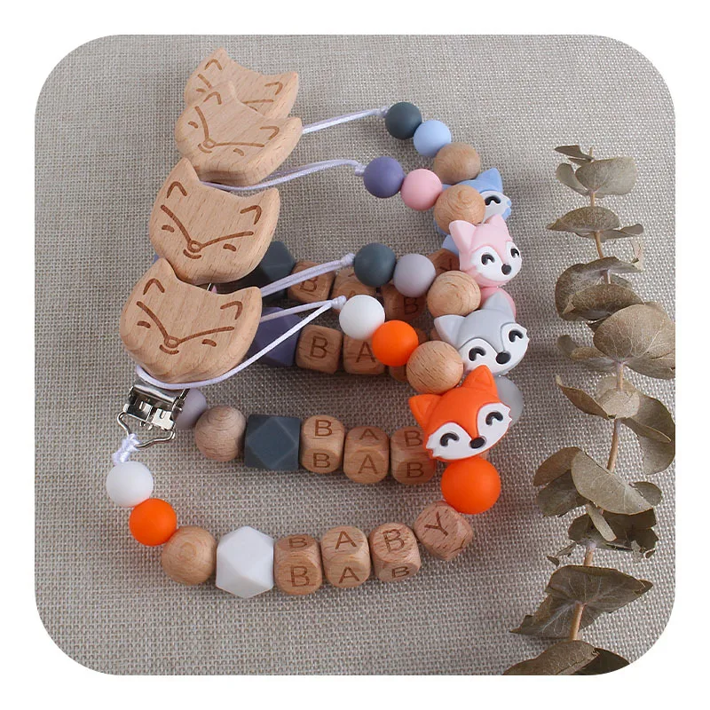 

Cartoon Cute Fox Shape Bead Wood Silicone Baby Teething Soother Holder Clip