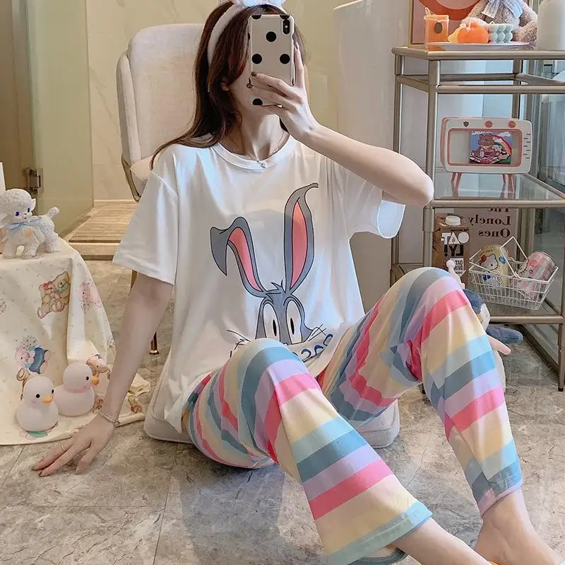 

Wholesale Southeast Asian Long Ear Rabbit Cartoon Cute Pink Rainbow Pants Korean Loose Pajamas Sets