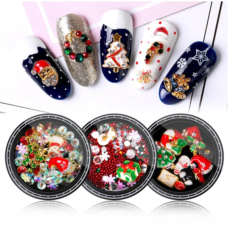 

2021 New Santa Claus Gift Pearl Snowflake Rhinestone For 3D Christmas Nail Decoration Metal Diy Mix Set, 8 colors