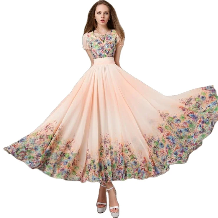 

T-D595 Fashion Fancy Lady Fitted and Flare Long Maxi Floral Chiffon Dress, Peach with coloful prints (many other designs are available)