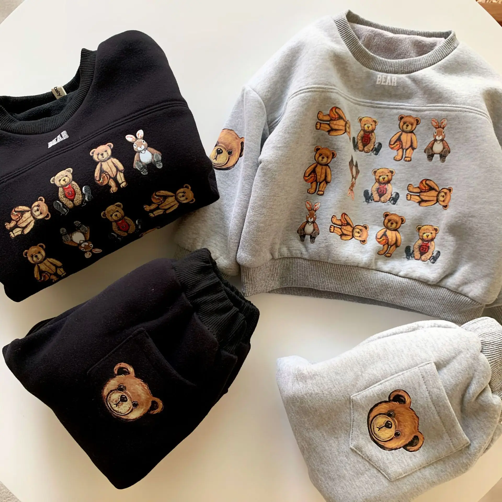 

Cute bear kids warm clothing sets baby girls' and boys' fleece hoodies and pants children winter clothes suits