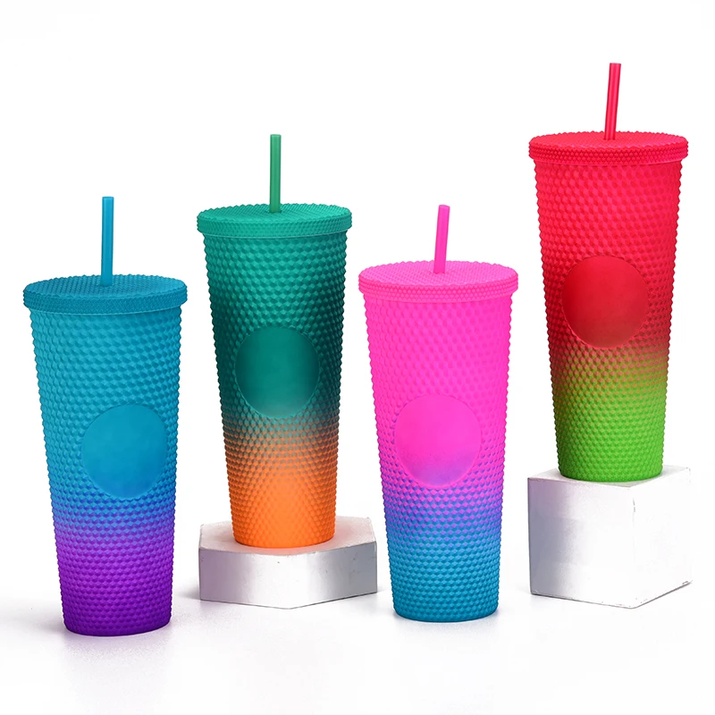 

Wholesale 24oz gradient matte sippy acrylic tumblers cup in bulk double wall tumbler plastic studded tumbler, Customized color