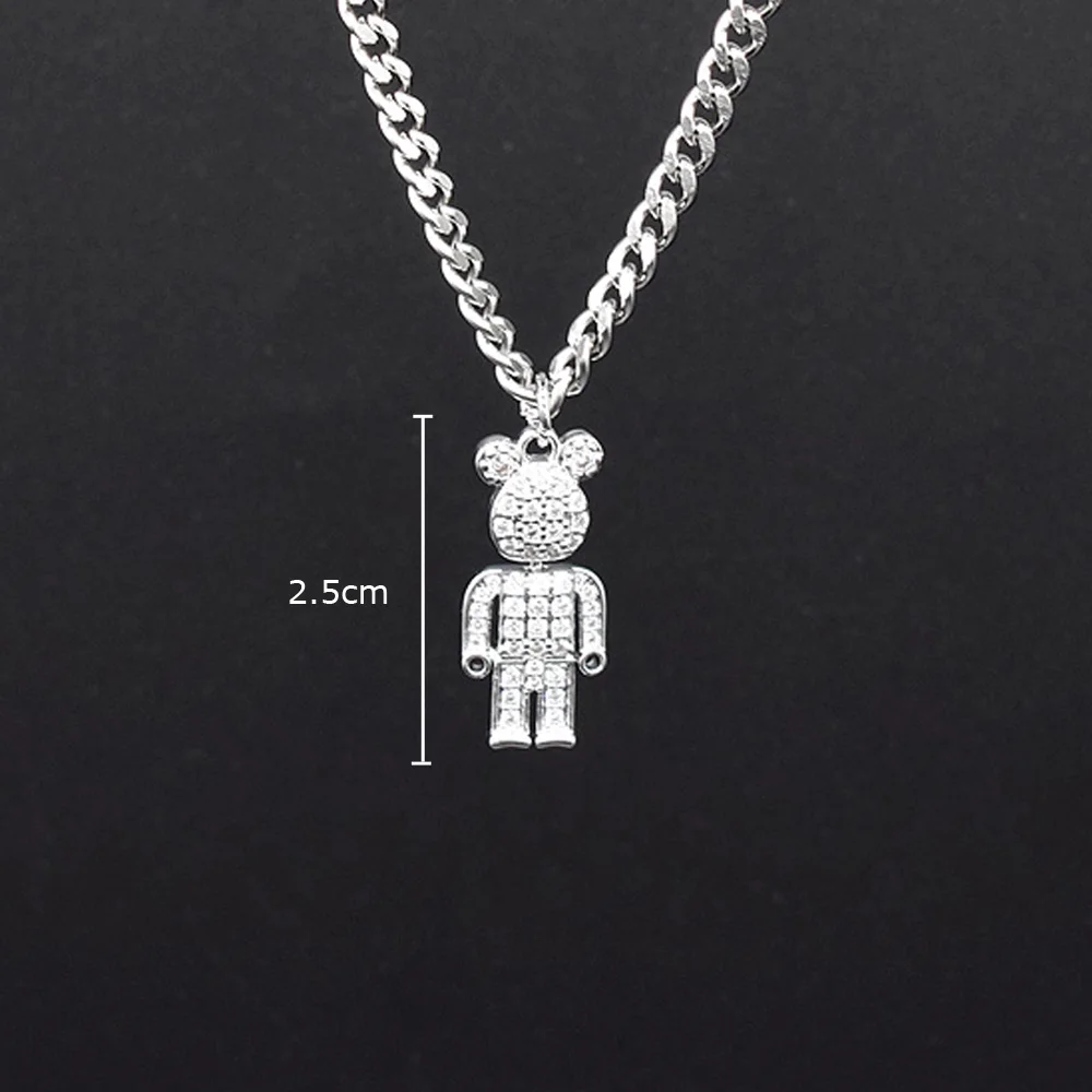 

JHS129 Women's Silver Jewelry Necklace Custom Bear Zircon Pendant Men's 3mm Cuban Chain Stainless Steel Necklace