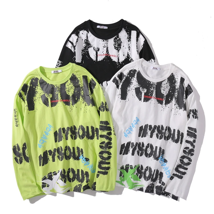 

New fashion letter Graffiti printing hip hop t-shirt men 2021 best selling handsome cotton long sleeve t shirt