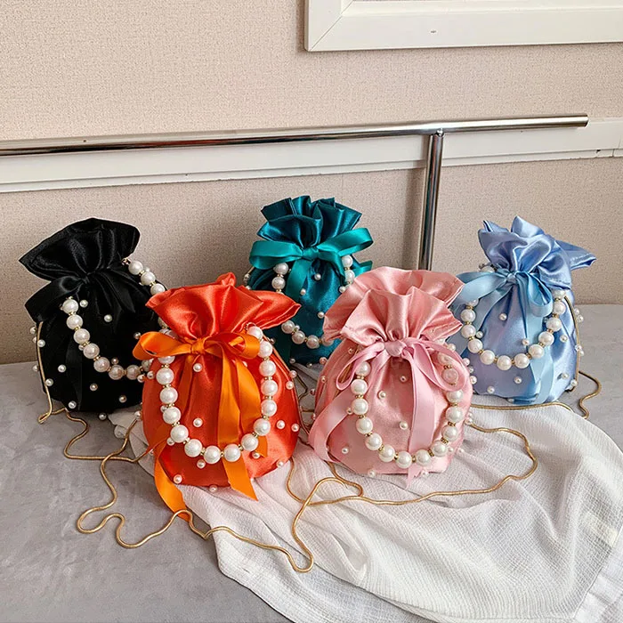 

2021 Pearl Bucket Bag Chain Bag Ribbon Candy Color Handbag Small Purse Drawstring Shoulder Bag, 5 colors