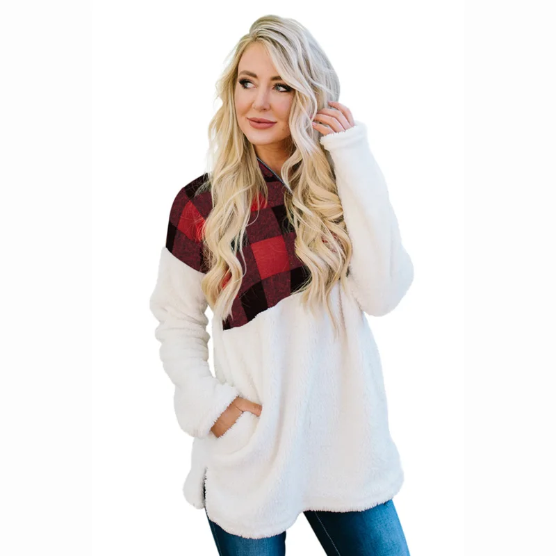 

2021 Red Fuzzy Plaid Detail Long Sleeve Fall Clothing Pullover Hoodie Women