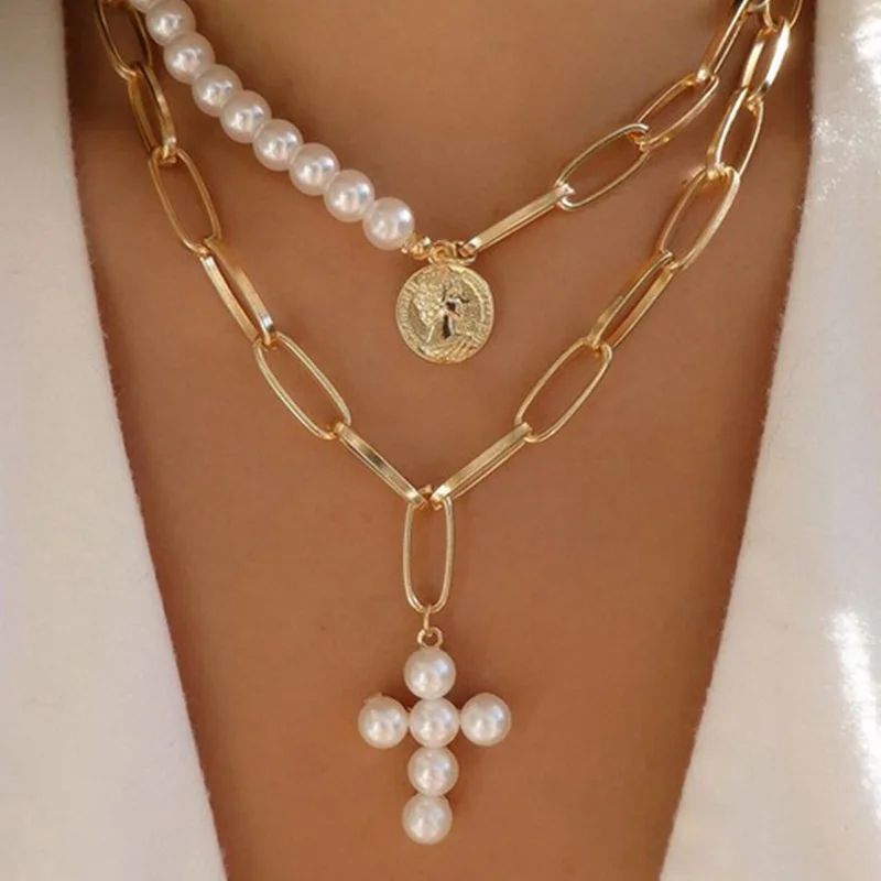 

2 Pcs White Imitation Faux Pearl Alloy Double Long Chain Women's Coin Cross Portrait Necklace