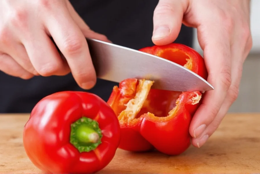 Close-up demonstration of proper claw grip technique while cutting red pepper to prevent kitchen injuries