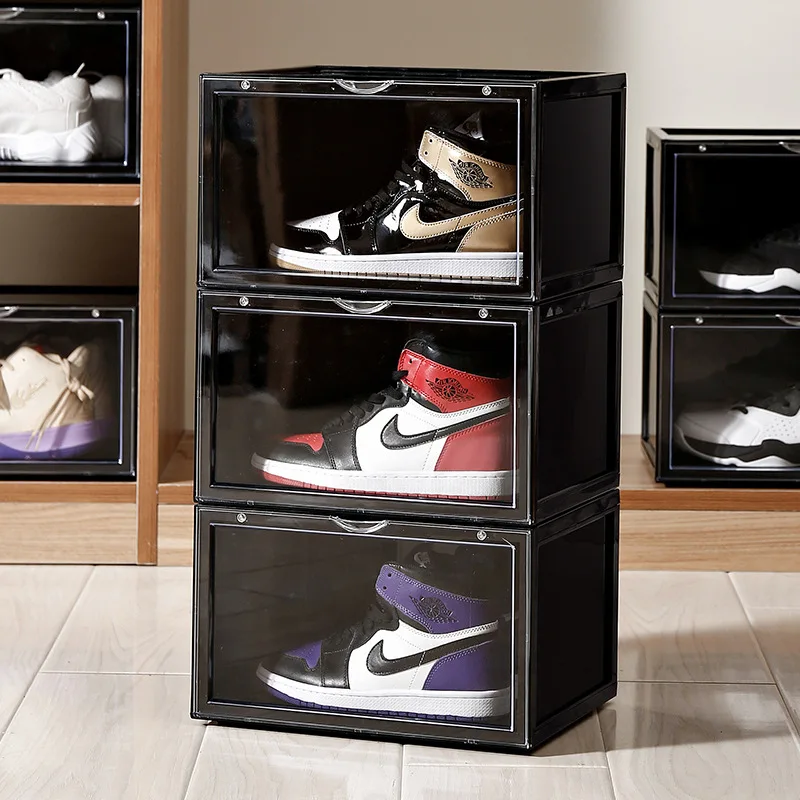 

Wholesale Plastic Sneaker Stackable Storage Transparent Boxes Acrylic Plastic Magnetic Shoe Box, Black,white