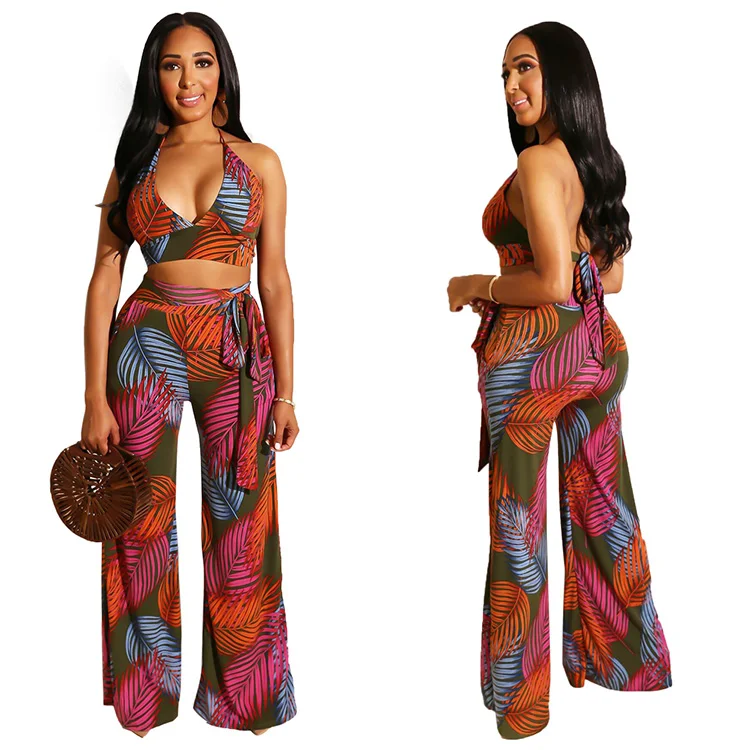 

Women's clothing fashion print halter top and wide-leg trousers two piece set
