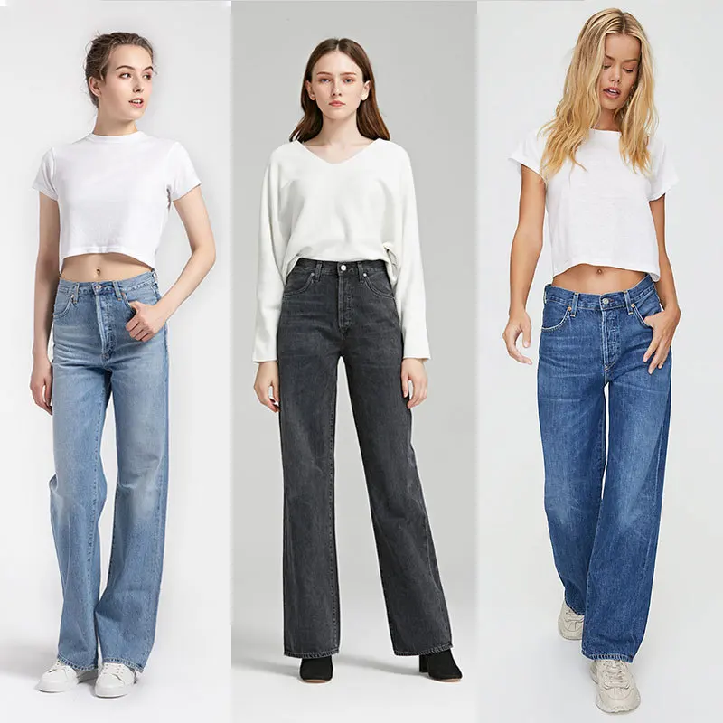 

Jeans manufacturer cheap price women trousers high waist solid denim plus size classic casual simple women wide leg pants