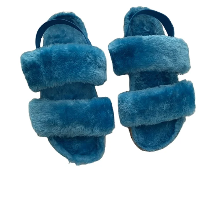 

2021 summer fashion new arrivals womens ladies faux fur comfort furry blue teddy bear flat slippers sandals shoes wholesale