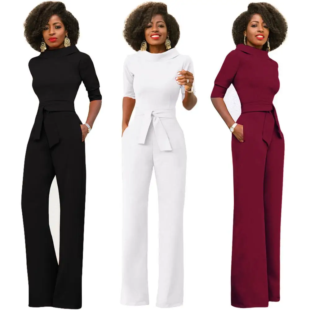 

Solid color wide leg pants half sleeve stand collar one piece women jumpsuits