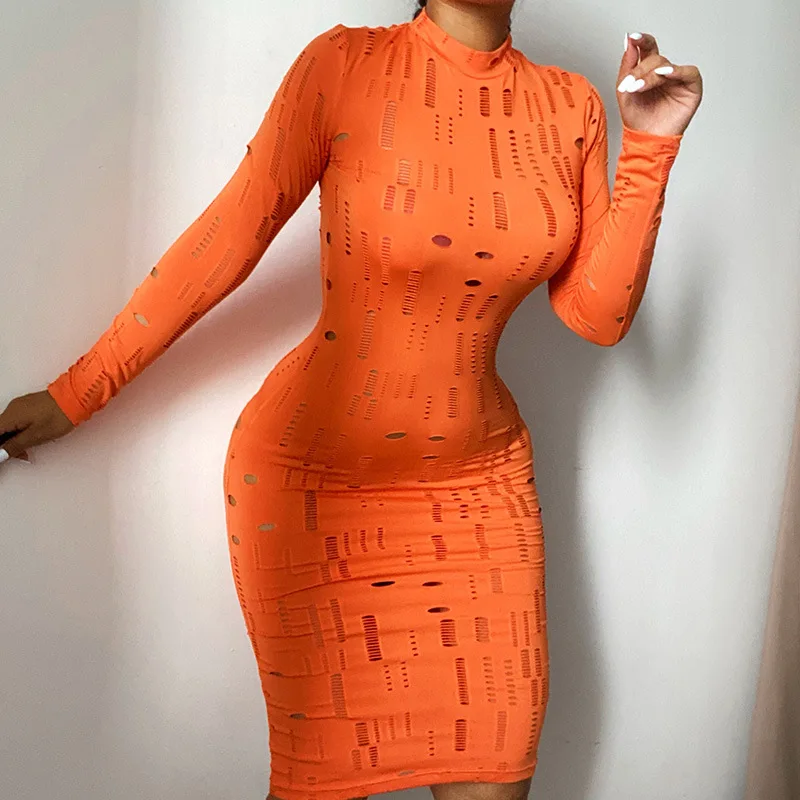 

YIWU QIUDUN Simple Women's Solid Color Midi Dresses With Hole Hollow Out Wrap Slim Dress
