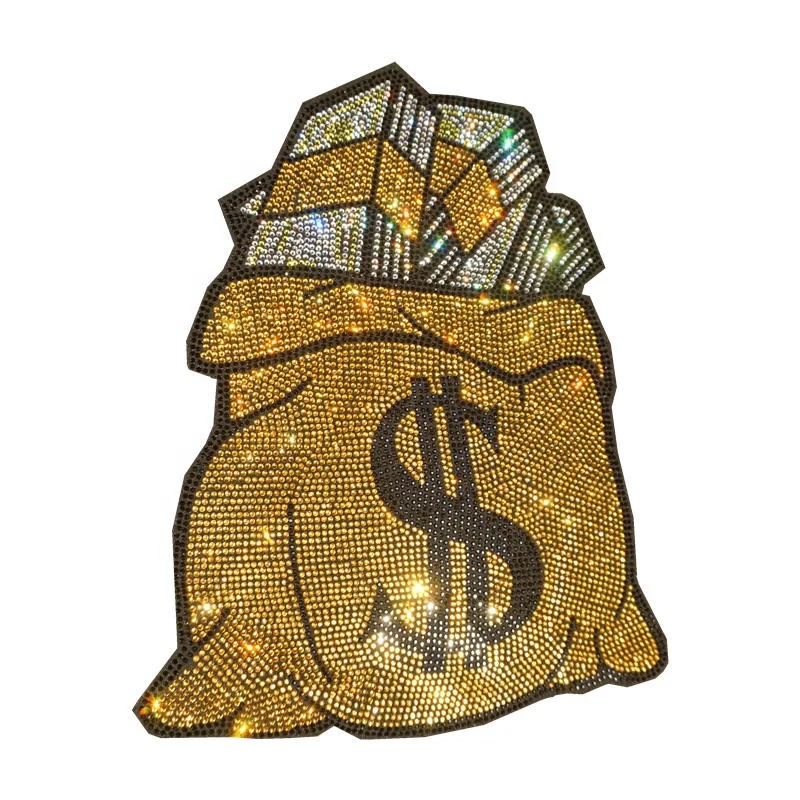 

Dazzling money bag printing 3D logo heat rhinestone transfer for clothing
