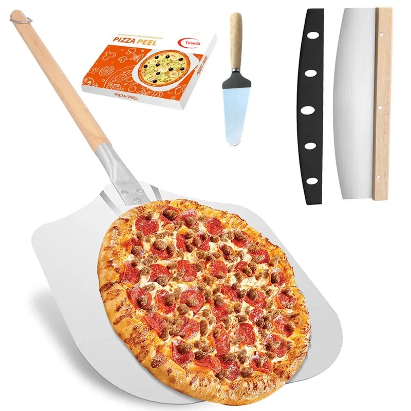 

Kitchen Accessories Baking Aluminum Metal Detachable Pizza Shovel Paddle Peel Spatula Transfer Tray Lifter With Wooden Handle, Sliver