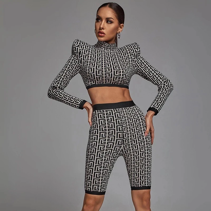 

New Trendy Geometric Jacquard Two Piece pants Suit Long Sleeves Celebrity Party Club Bandage Crop Tops Shorts Suit