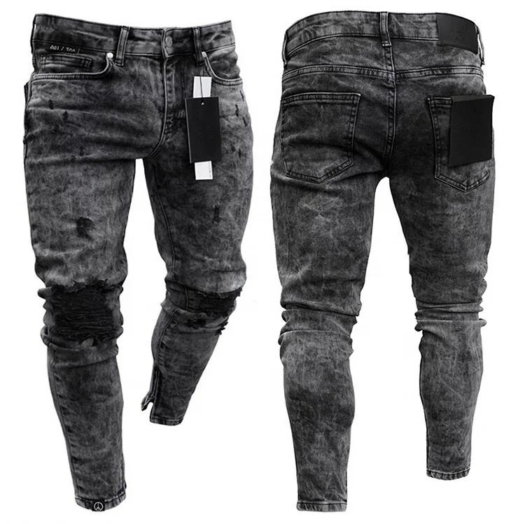 

New Arrival European Streetwear Pencil Jeans Ripped Biker Skinny Jeans, Black