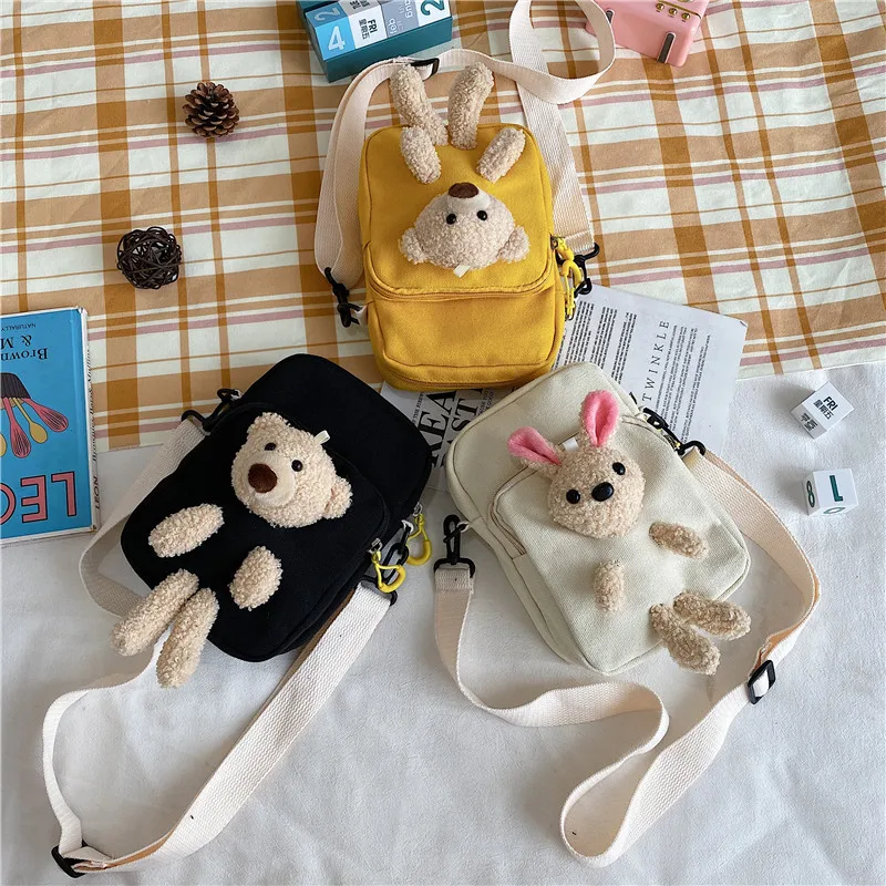 

Super Cute Plush Bear Rabbit Girl Mobile Phone Messenger Bag Portable Messenger Bag Messenger Black Bag, Black, beige, yellow