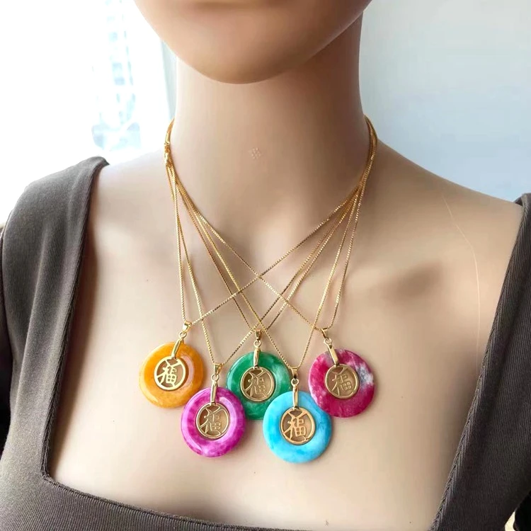 

Fashion Womens Jade Jewelry 18K Gold Filled Chinese Lucky Fu Jade Necklaces Pendants Crystal With Chain, Blue,yellow , green,purple