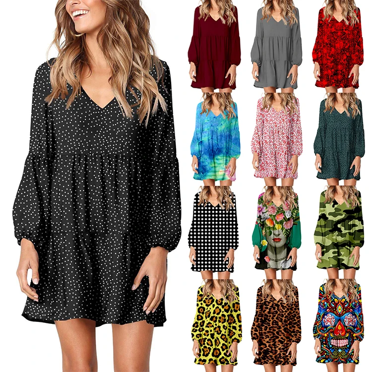 

Women Elegant Vintage Long Sleeve Printed Midi Dress Women Long Straight Dress V Neck Lantern Sleeve A-line Midi Dress, Picture color