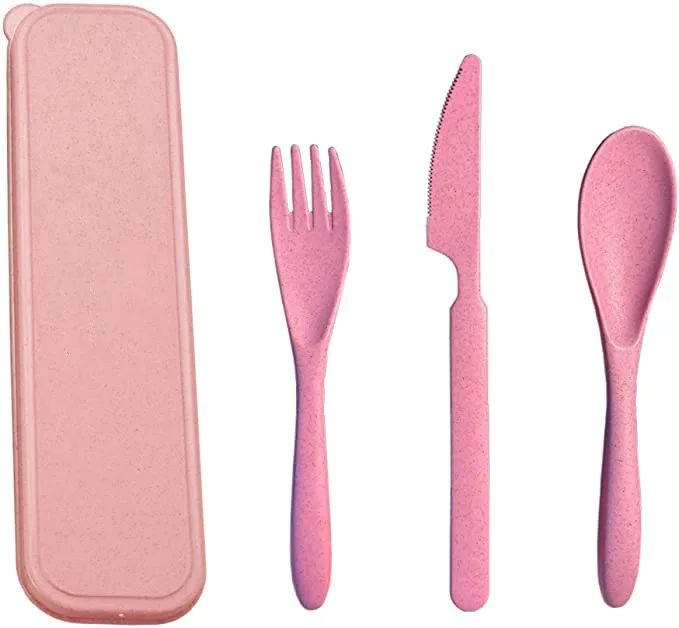 

Biodegradable Spoon Fork Knife Set Portable Cutlery Set Camping Wheat Straw Tableware Dinnerware Set, Pink,beige,green,blue