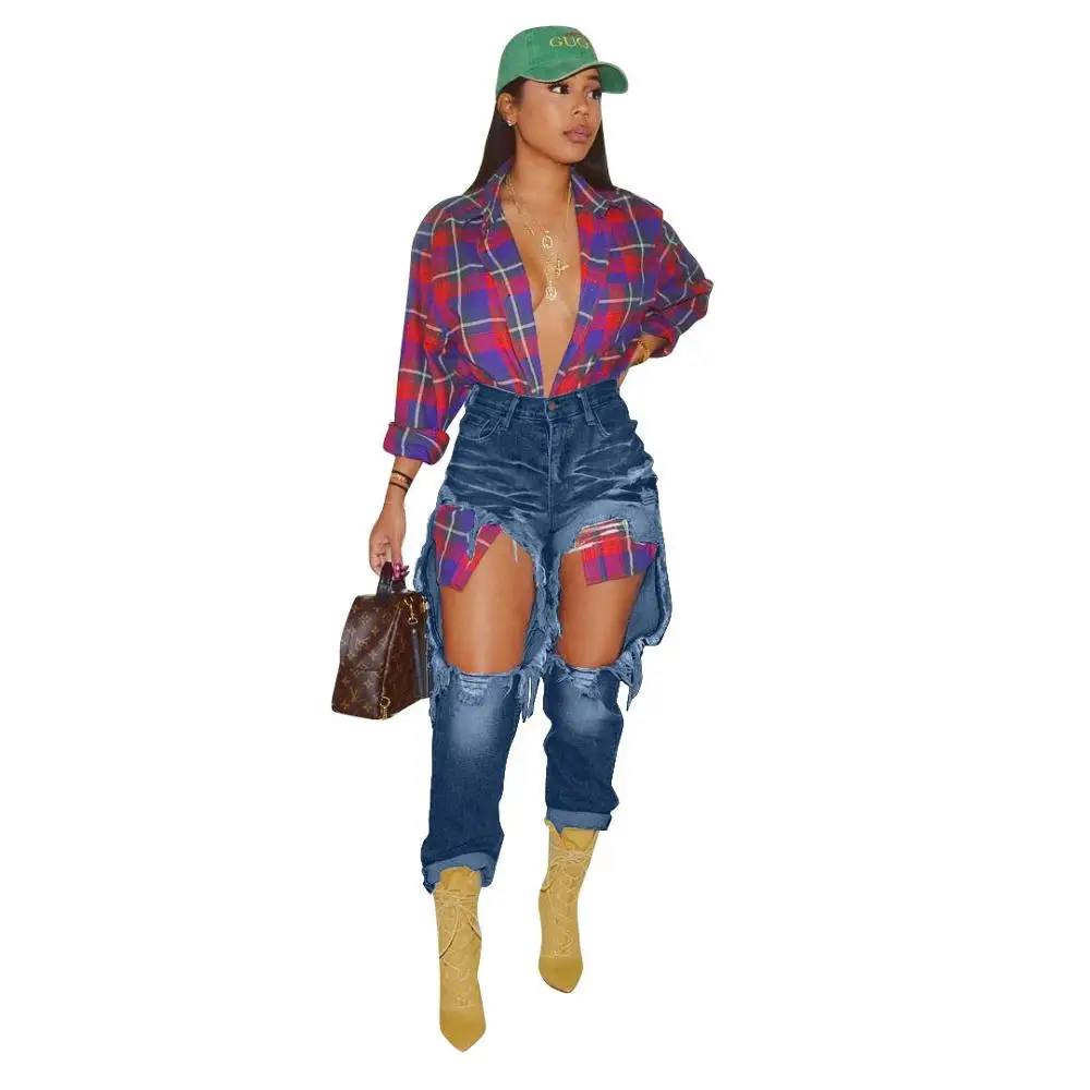 91130-SW72 2019 fashion ripped high waist womens denim jeans