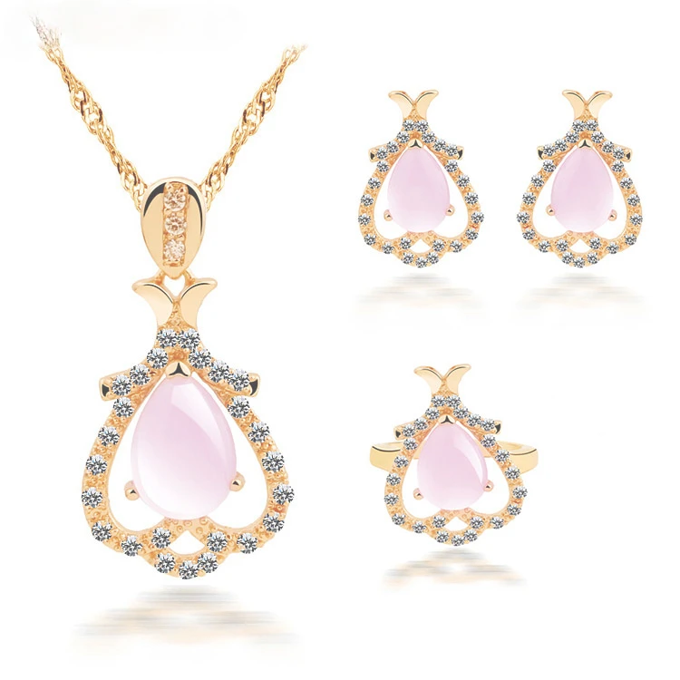 

2020 Fashion New Design Alloy Gold Plated Pink Crystal Zircon Jewelry Sets Ring Necklace Earrings For Women