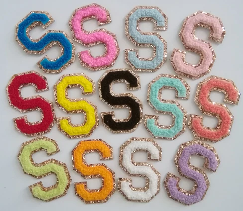 

Embroidered letters with gold glitter background in variety chenille colors for bags and clothes, Custom color