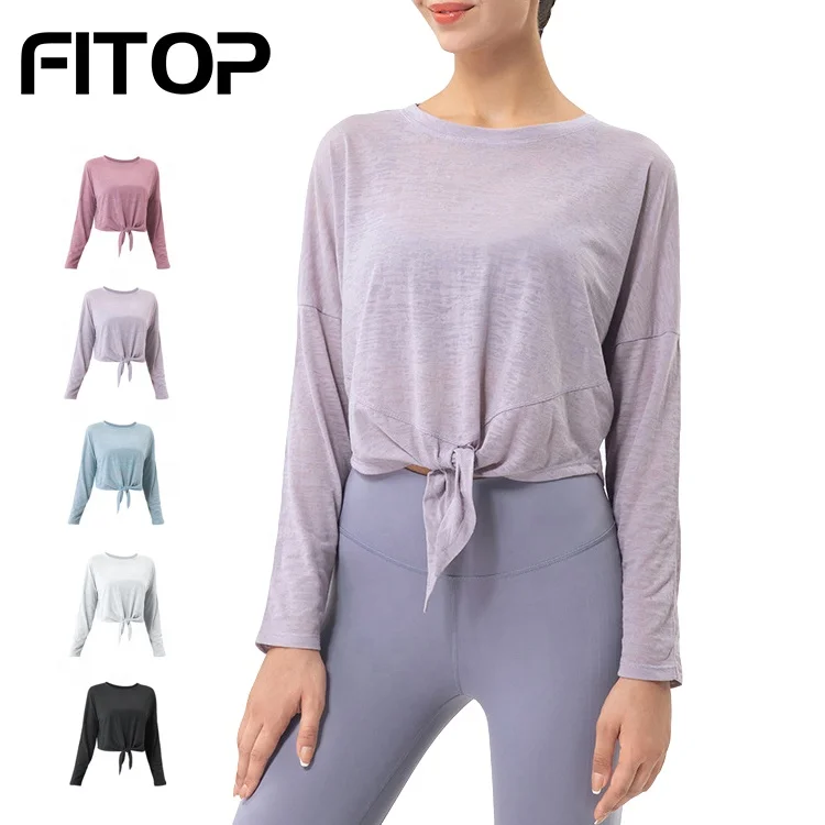

Sports Wholesale Women Casual Yoga Loose Blouses Fitness Knot Solid Color Tops Comfort Sportswears Workout Running Shirt, Gray, purple, blue, white, black