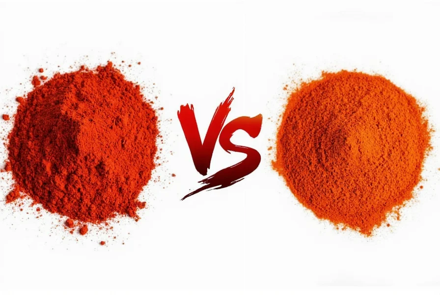 Chef's hands sprinkling cayenne powder and paprika into separate bowls for a side-by-side cooking comparison