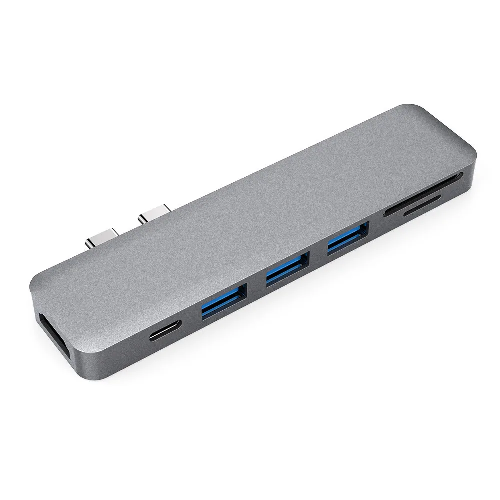 

7-in-1 USB3.1 Type-C Port Pro Hub Adapter Aluminum USB Hub Splitter Dual Card Slots Card Reader for MacBook Pro, Space gray