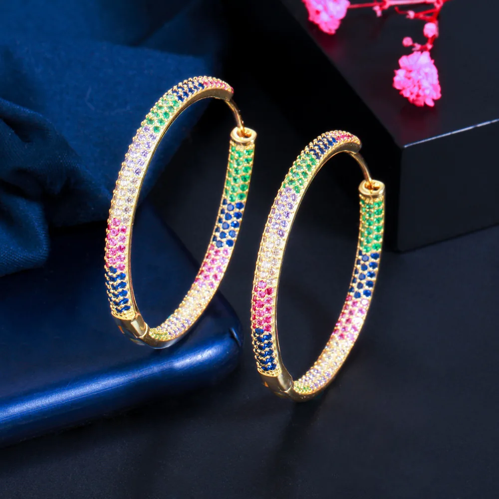 

Fashion jewelry brass material 18k real gold plated micro-inlaid colorful zircon large hoop earrings, As pics