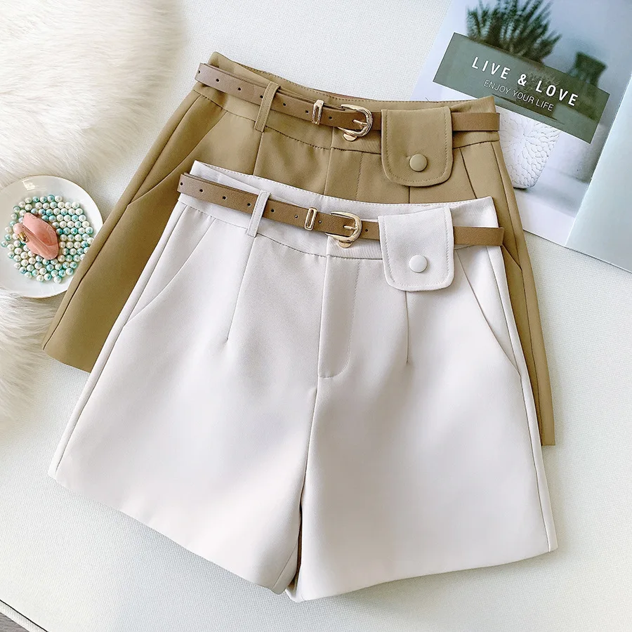 

Summer Women Solid Shorts Loose Casual Trousers High Waist Black Wide Leg OL Shorts Work Wear Clothes With Belt